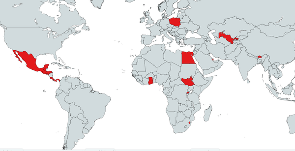 Countries in red: Mexico, Guatemala, Honduras, Costa Rica, Panama, Poland, Egypt, Ghana, South Sudan, Rwanda, Eswatini, Uzbekistan and Bhutan.