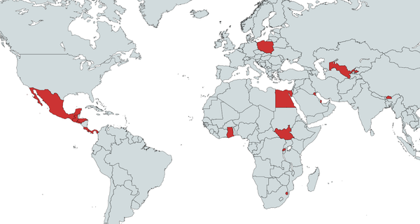 Countries in red: Mexico, Guatemala, Honduras, Costa Rica, Panama, Poland, Egypt, Qatar, Kuwait Ghana, South Sudan, Rwanda, Eswatini, Uzbekistan and Bhutan.